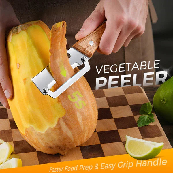 Vegetable Peeler For Kitchen - Peeler removing a thin strip of butternut squash skin on a checkered cutting board, with lime pieces nearby