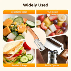 Vegetable Peeler For Kitchen - Multi-use vegetable peeler shown with vegetable salad, fruit salad, sandwich prep, and bottle opening use cases