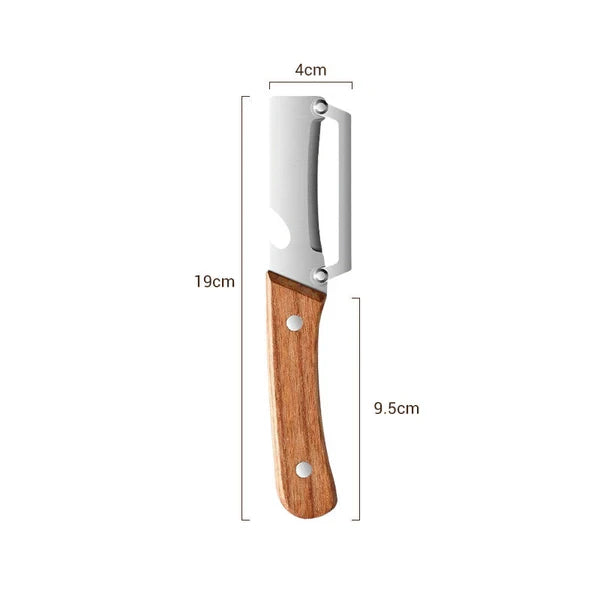 Vegetable Peeler For Kitchen - Folding vegetable peeler with wooden handle shown with size dimensions labeled