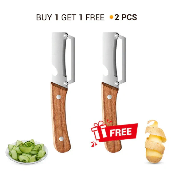 pelador de verduras - Pelador de verduras para cocina: dos peladores de verduras plegables idénticos con texto de compre 1 y llévese 1 gratis, con pepino en rodajas y papa pelada al lado.