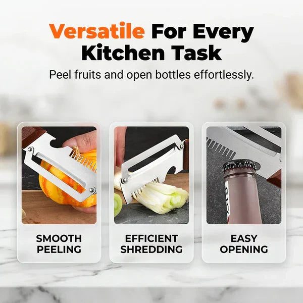 Vegetable Peeler For Kitchen - A vegetable peeler demonstrates its three functions: smooth peeling of fruit, efficient shredding, and easy bottle opening, each displayed in separate small panels.