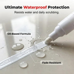 Tile Grout Pen - Marker applying coating to wet grout line, with callouts for waterproof protection, formula, and fade resistance