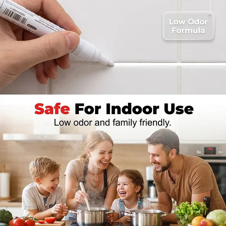 rotulador para lechada de azulejos - Imagen de dos paneles: primer plano de una mano aplicando marcador blanco sobre lechada de azulejos, luego una familia reunida en una cocina, con texto sobre fórmula de bajo olor