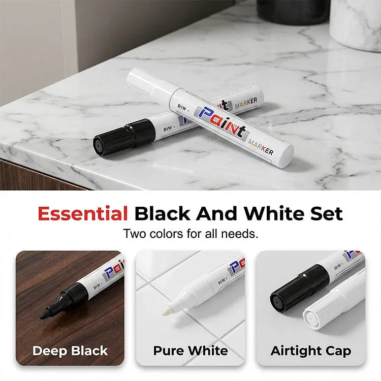 Tile Grout Pen - Two paint markers on a marble countertop, with close-up insets of black tip, white tip, and marker caps below.
