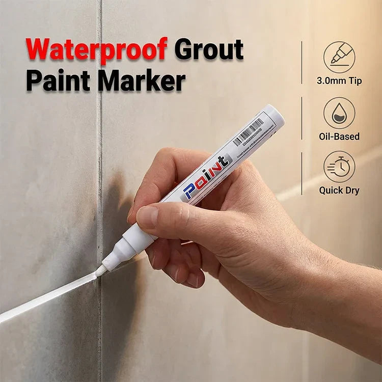 Tile Grout Pen - Hand applying white marker to vertical tile grout line, with callouts for tip size, formula, and dry time