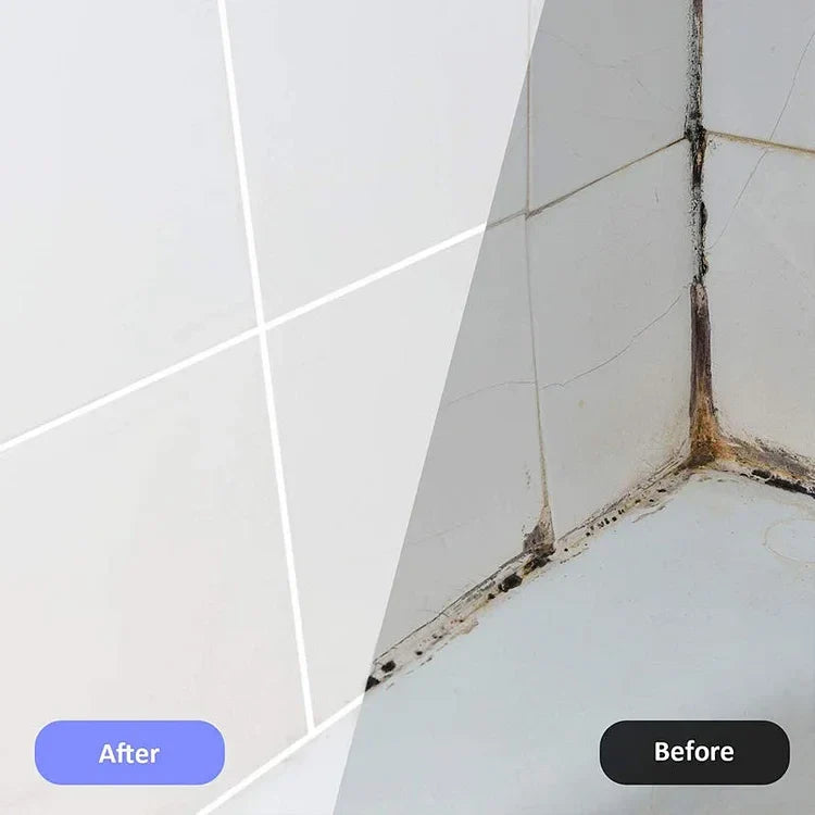 Tile Grout Pen - Split comparison image showing dirty, moldy tile grout marked Before and clean white grout marked After.