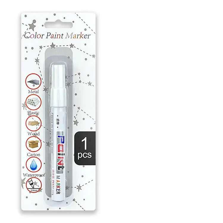 fliesenfugenstift - Ein einzelner weißer Marker in Einzelhandels-Blisterverpackung, gekennzeichnet mit 1 Stück, mit beschrifteten Symbolen für geeignete Oberflächen und Funktionen