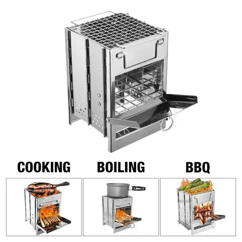 Folding portable camping stove shown with three uses: cooking, boiling, and BBQ with food on grates