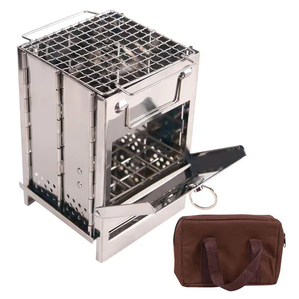 Stainless portable camping stove with open fuel door, top grill grate, and brown carrying pouch on a white background.