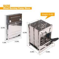 Size and weight diagram of a foldable portable camping stove, with folded and unfolded dimension labels