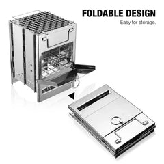 Foldable portable camping stove shown assembled and flattened, with text noting foldable design for easy storage on white background.