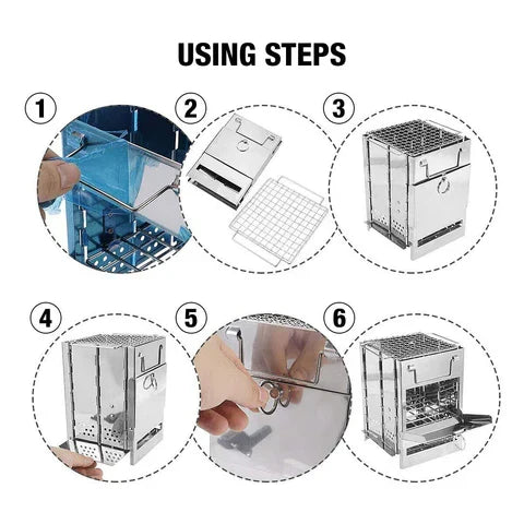 Six step-by-step visual using steps for a foldable portable camping stove, from unboxing parts to fully assembled