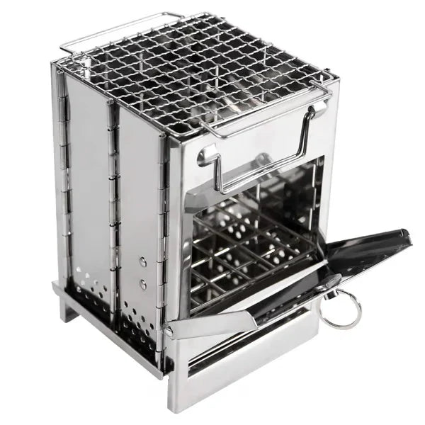 Portable wood burning camping stove burning twigs and leaves