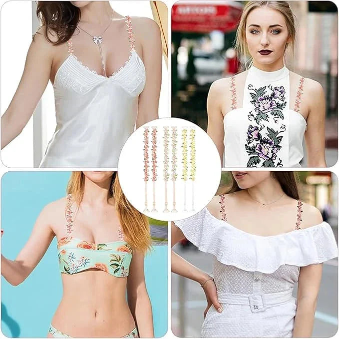 Bra Straps - Collage showing decorative straps styled with four different tops including camisole, halter top, bikini top, and off-shoulder top, with a central inset showing three color options