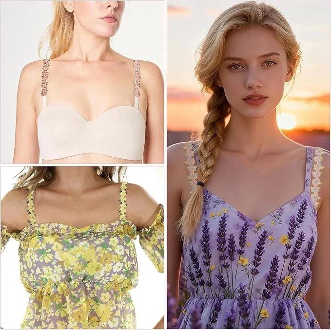 Bra Straps - Collage of three clothing items, showing decorative floral shoulder straps on bras and dresses