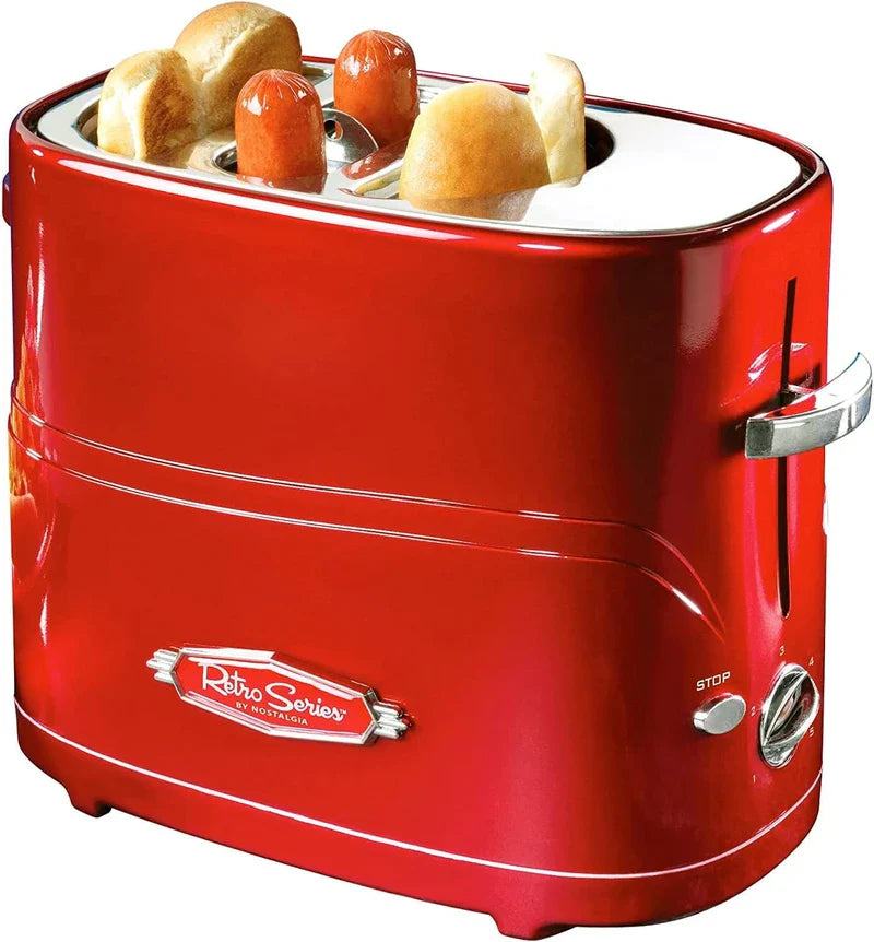 Red retro hot dog toaster holds two hot dogs and two buns in its top slots, with a stop button and browning dial visible.