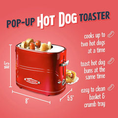 Infographic for a retro hot dog toaster, showing its dimensions and listing three features with a small hot dog illustration.