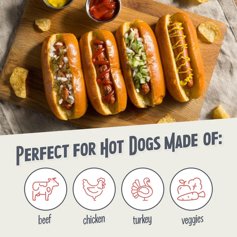 Four assorted hot dogs on a wooden board with text listing compatible ingredients for a retro hot dog toaster