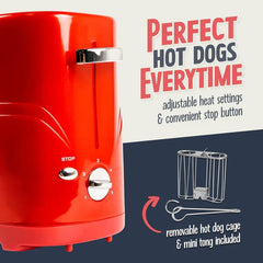 Close-up of a red retro hot dog toaster with controls, plus a removable hot dog cage and mini tong