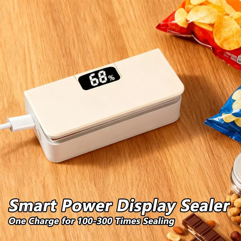 Mini Bag Sealer - Sealer plugged in to charge, showing 68% battery on its digital screen, placed on a wood countertop near snack bags and small food items