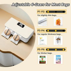 Mini Bag Sealer - Cordless bag sealer showing 6 heat gear settings, with two sealed cookie bags positioned in its sealing slot