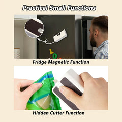 Mini Bag Sealer - Compact sealer shown attached magnetically to a fridge, and its built-in hidden cutter slicing open a plastic snack bag