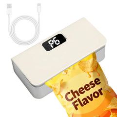 Mini Bag Sealer - Rechargeable bag sealer in off-white, USB-A to USB-C cable and cheese chip bag under its sealing slot, digital P6 display