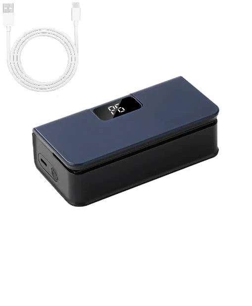 Mini Bag Sealer - Navy and black rechargeable bag sealer with USB-A to USB-C cable, visible side power port and digital display