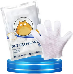 Pet Grooming Gloves - Sealed fragrance-free pet glove wipe package displayed next to a single textured white grooming glove on a blue display stand