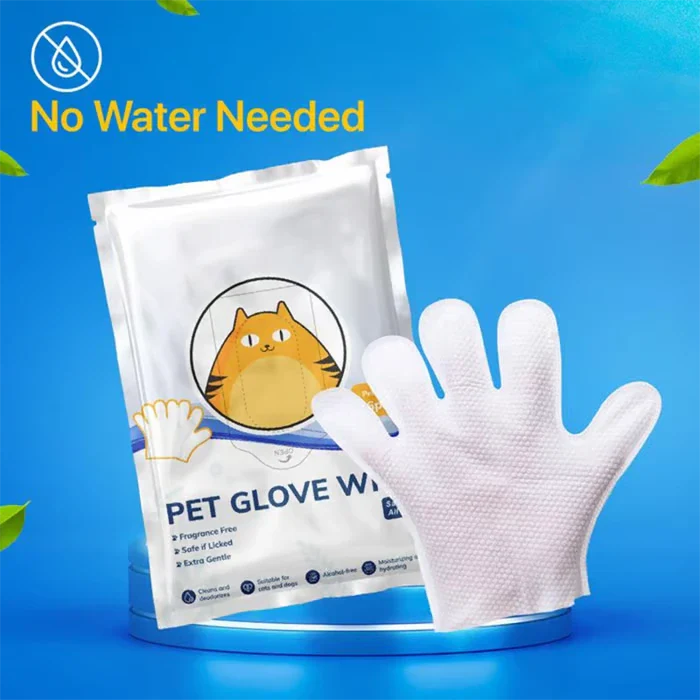 Pet Grooming Gloves - Sealed no-rinse pet glove wipe package next to a single textured white grooming glove, with no water needed label