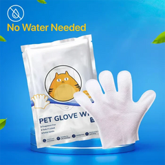 Pet Grooming Gloves - Sealed no-rinse pet glove wipe package next to a single textured white grooming glove, with no water needed label