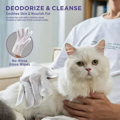 Pet Grooming Gloves - Person holds a fluffy white cat, with a pet cleaning glove resting on the cat; inset shows the glove and product text