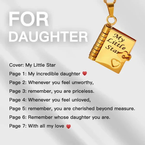 Book Necklace - Gold-toned openable book pendant necklace displayed with list of text printed on its cover and inner pages, on a light gray background
