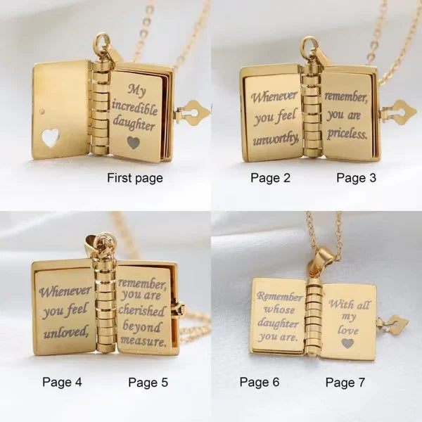 Collar de libro: dije de libro dorado abierto mostrando páginas grabadas del 1 al 7 con un mensaje dedicado a una hija