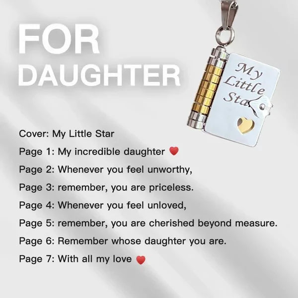 Book Necklace - Silver and gold book locket pendant with cover shown, text listing engraved pages for daughter