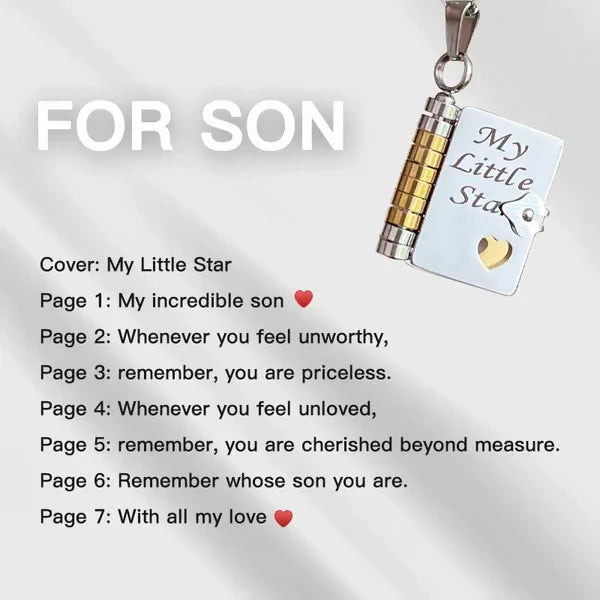 Book Necklace - Silver and gold book locket pendant with cover shown, text listing engraved pages for son