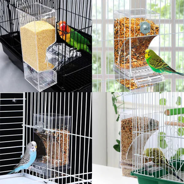 automatischer vogelspender - Vierteilige Collage, die den Spender in verschiedenen Vogelkäfigen zeigt, mit Wellensittichen und Unzertrennlichen, die aus dem Gerät fressen