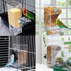 automatischer vogelspender - Vierteilige Collage, die den Spender in verschiedenen Vogelkäfigen zeigt, mit Wellensittichen und Unzertrennlichen, die aus dem Gerät fressen