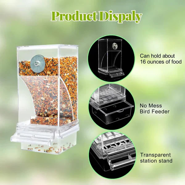 automatischer vogelspender - Transparente Vogelfutterstation-Produktdarstellung, gefüllt mit Futter, mit drei kreisförmigen Detailvergrößerungen