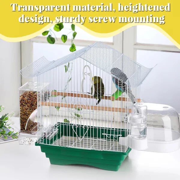 automatischer vogelspender - Klare Acryl-Vogelfutterstation an einem weißen Drahtvogelkäfig montiert, mit zwei Wellensittichen im Inneren, Text oben beschreibt die Eigenschaften der Futterstation