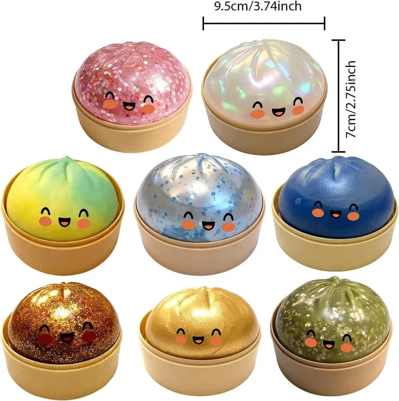 Giant glitter dumpling squishy with steamer basket in hand