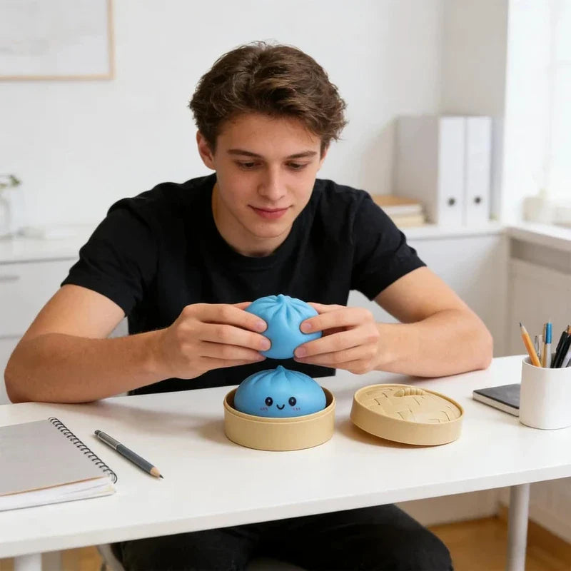 Steamer Basket - A teen holds a blue squishy bun toy above an identical one in a steamer container at a table