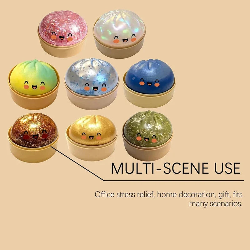 Steamer Basket - Eight colorful squishy bun toys in steamer containers, text reads 'MULTI-SCENE USE'
