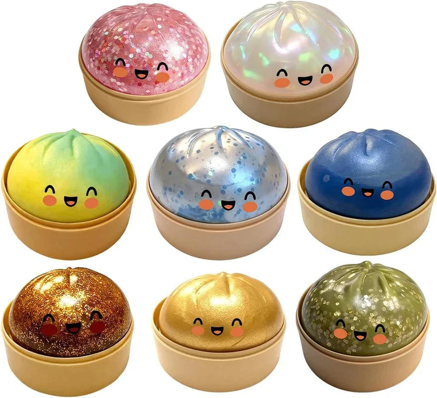 Steamer Basket - Eight cute faced colorful glitter and gradient squishy buns, each placed in a small beige steamer container, arranged in three rows on a white background