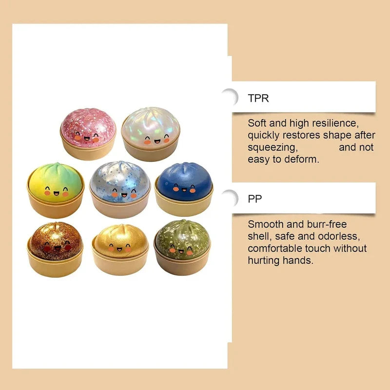 Steamer Basket - Eight squishy character buns in steamers shown on the left, with two material description text blocks labeled TPR and PP on the right