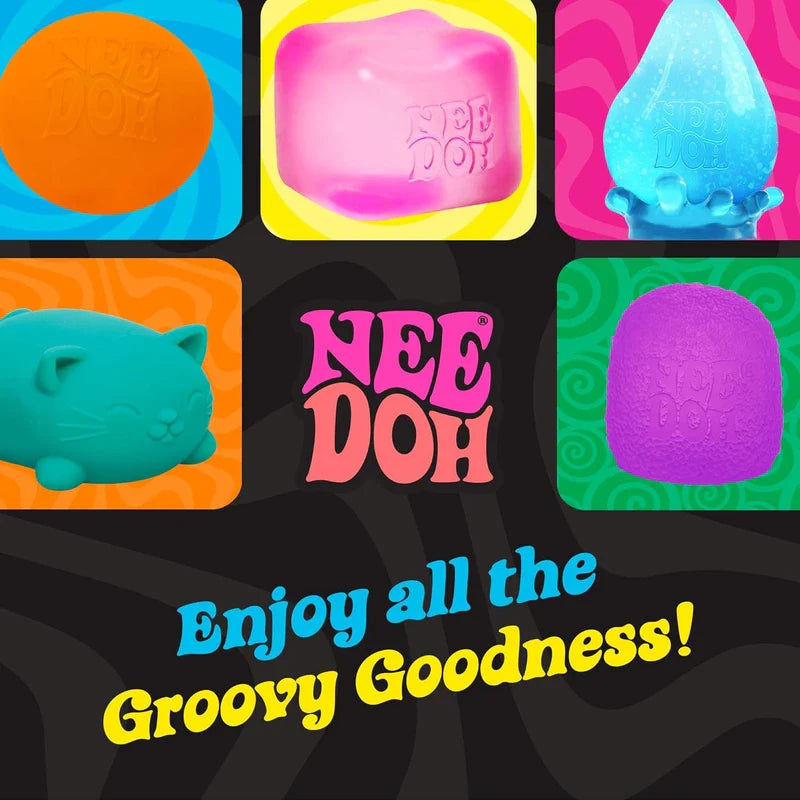 juguete sensorial - Colección colorida de juguetes sensoriales NeeDoh con varias formas, logotipo de la marca y texto '¡Disfruta de toda la bondad groovy!' sobre fondo oscuro con remolinos