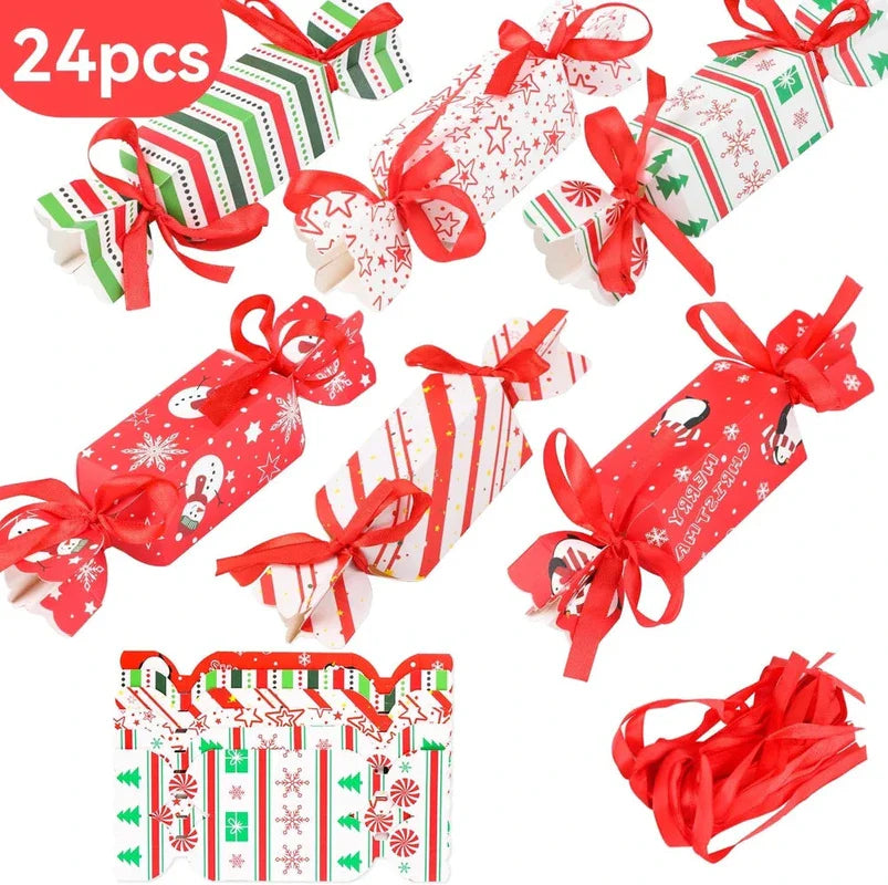 Christmas Candy Gift Boxes - 24pcs Festive Treat Bags with Red Ribbon