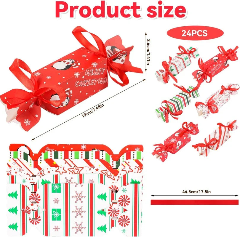 Christmas Candy Gift Boxes - 24pcs Festive Treat Bags with Red Ribbon