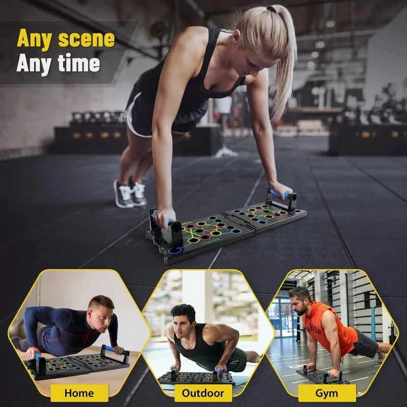 Woman uses a push up board in a gym, with small panels showing the board used at home, outdoors, and in a gym
