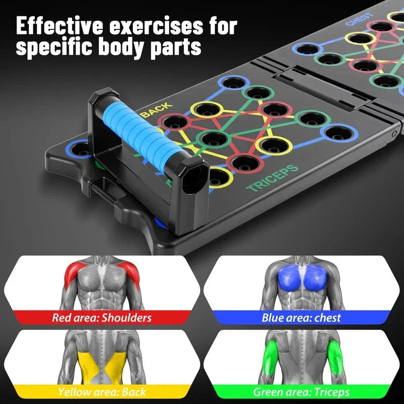 Close-up of a push up board with labeled color zones, and diagrams of targeted shoulders, chest, back, triceps muscles